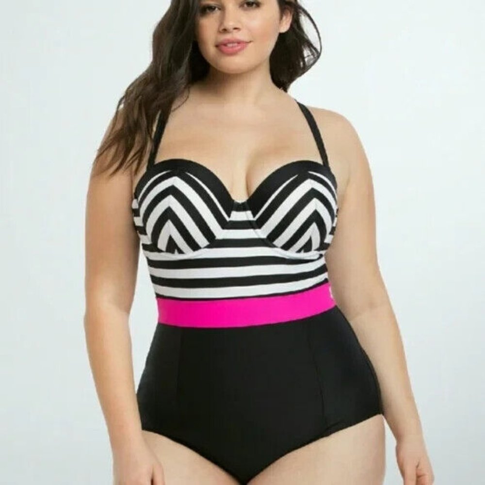 Torrid Women's Black White Striped Halter Retro Underwired One-Piece Swimsuit 0